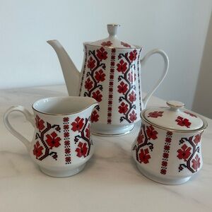 Vintage Porcelain Ukrainian Red/White Tea/Coffee Set Hand Decorated by Elsie’s